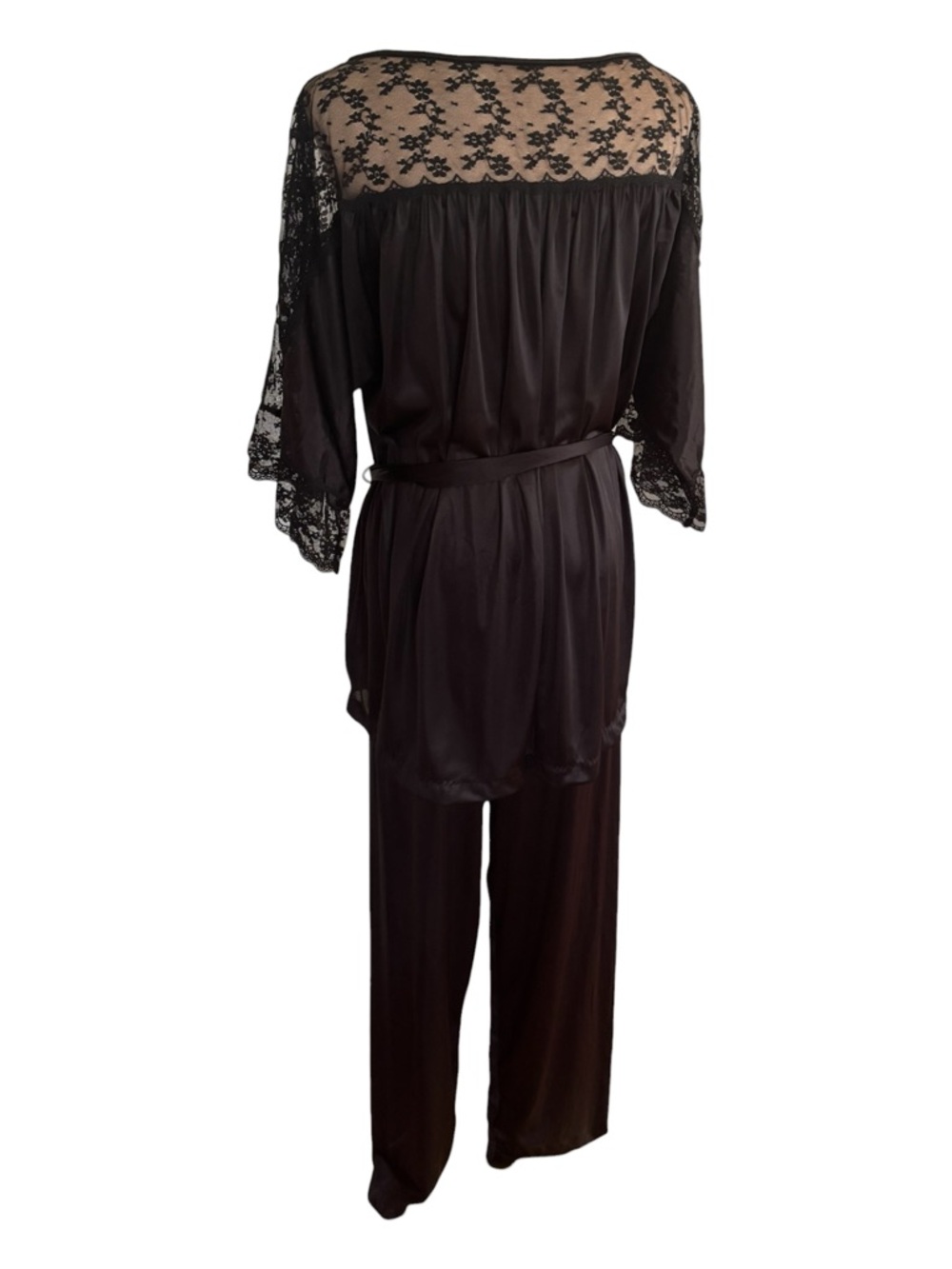 70s 2PC VAL MODE BLACK LOUNGEWEAR W LACE-DETAILS TOP & LONG PANT SLEEP SET SZ L - Picture 5 of 8